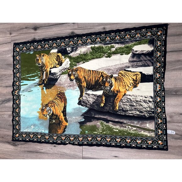 Tiger Print Cotton Wall Hanging/Throw Blanket 51" X 36" With Ornate Border - Picture 1 of 6